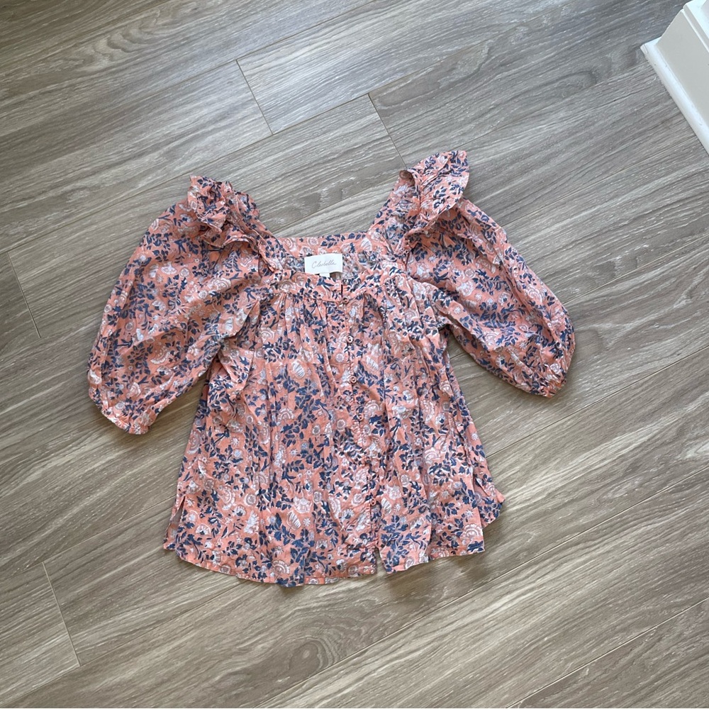 Cleobella Women’s Mariana Floral 3/4 Puff Sleeve Cotton Blouse Size M Peach Pink